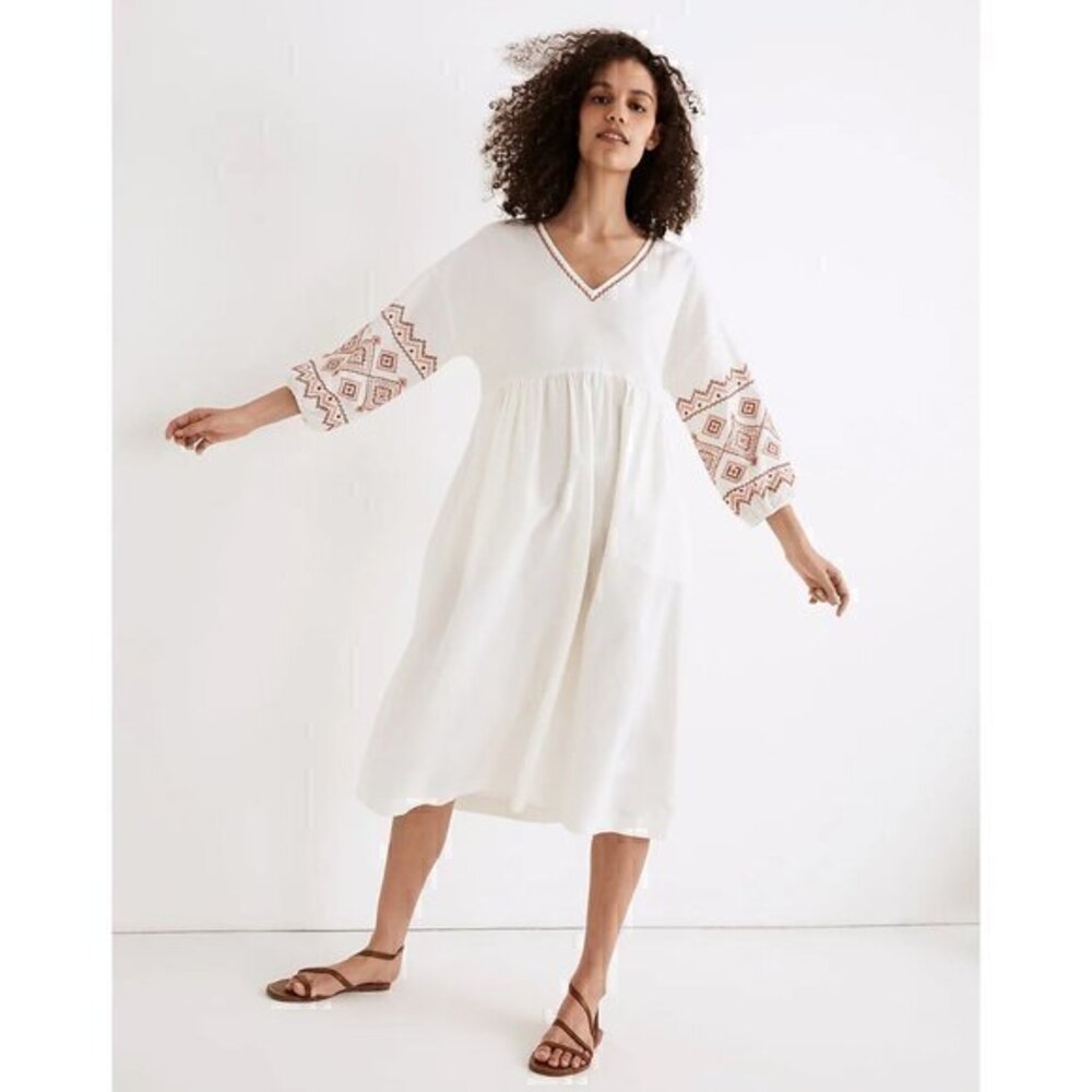 Madewell Linen Embroidered-Sleeve Popover Midi Dress Size XXS